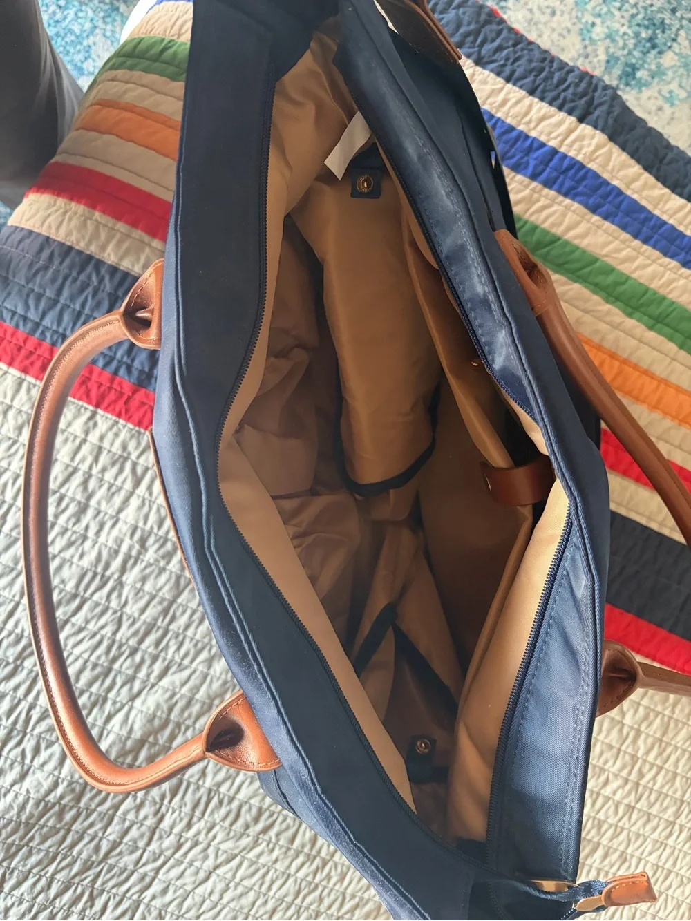 Sarah Wells Pump Bag Navy Tote with Tan Leather Handles